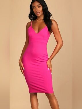 LULU’S DON’T TELL ‘EM HOT PINK BODYCON MIDI DRESS